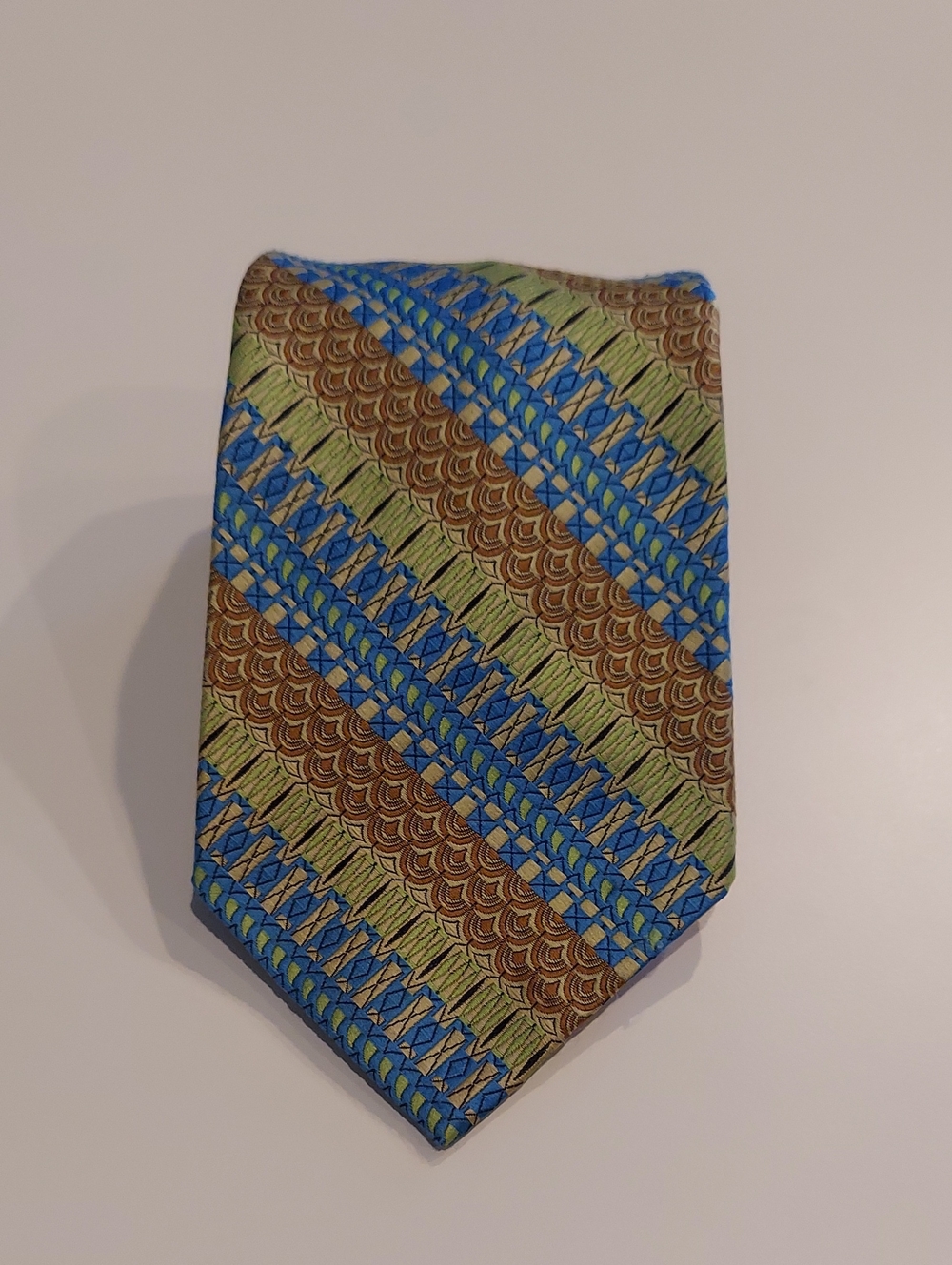 Vintage Resilio Men's Patterned Blue, Green Gold & Brown Diagonal Striped Tie